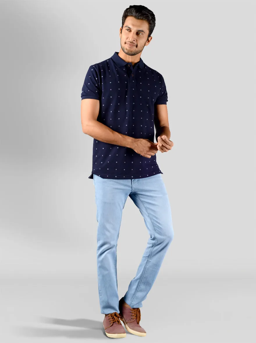 Deep Blue Printed Slim Fit Polo T-shirt | Greenfibre