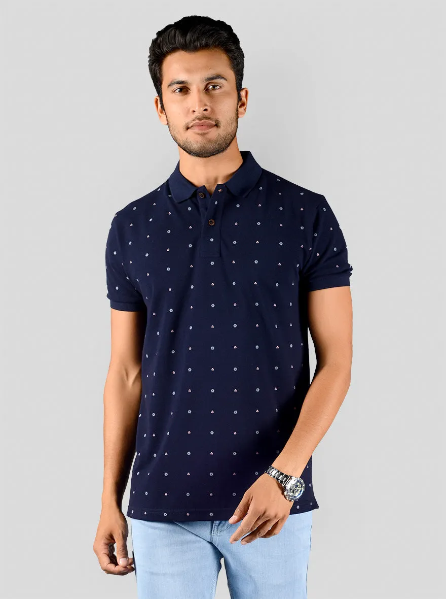 Deep Blue Printed Slim Fit Polo T-shirt | Greenfibre