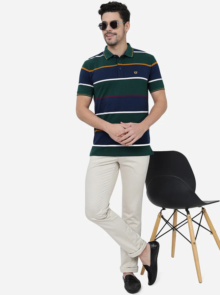 Green & Blue Striped Slim Fit Polo T-Shirt | JadeBlue