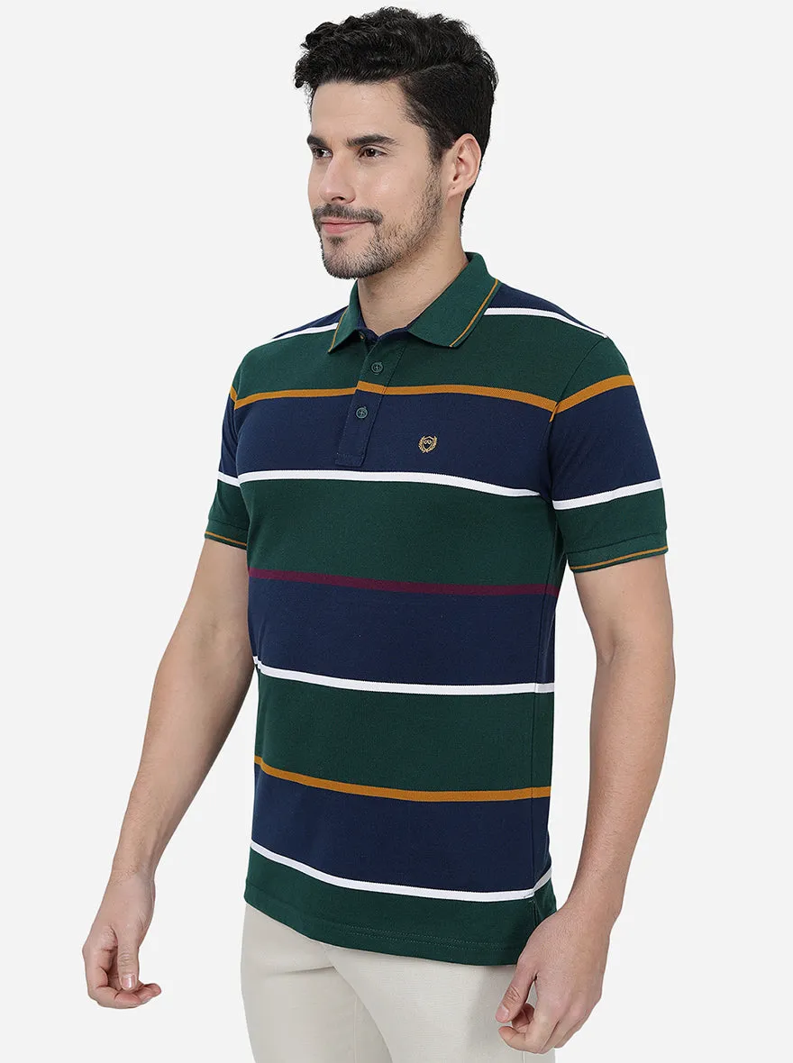 Green & Blue Striped Slim Fit Polo T-Shirt | JadeBlue