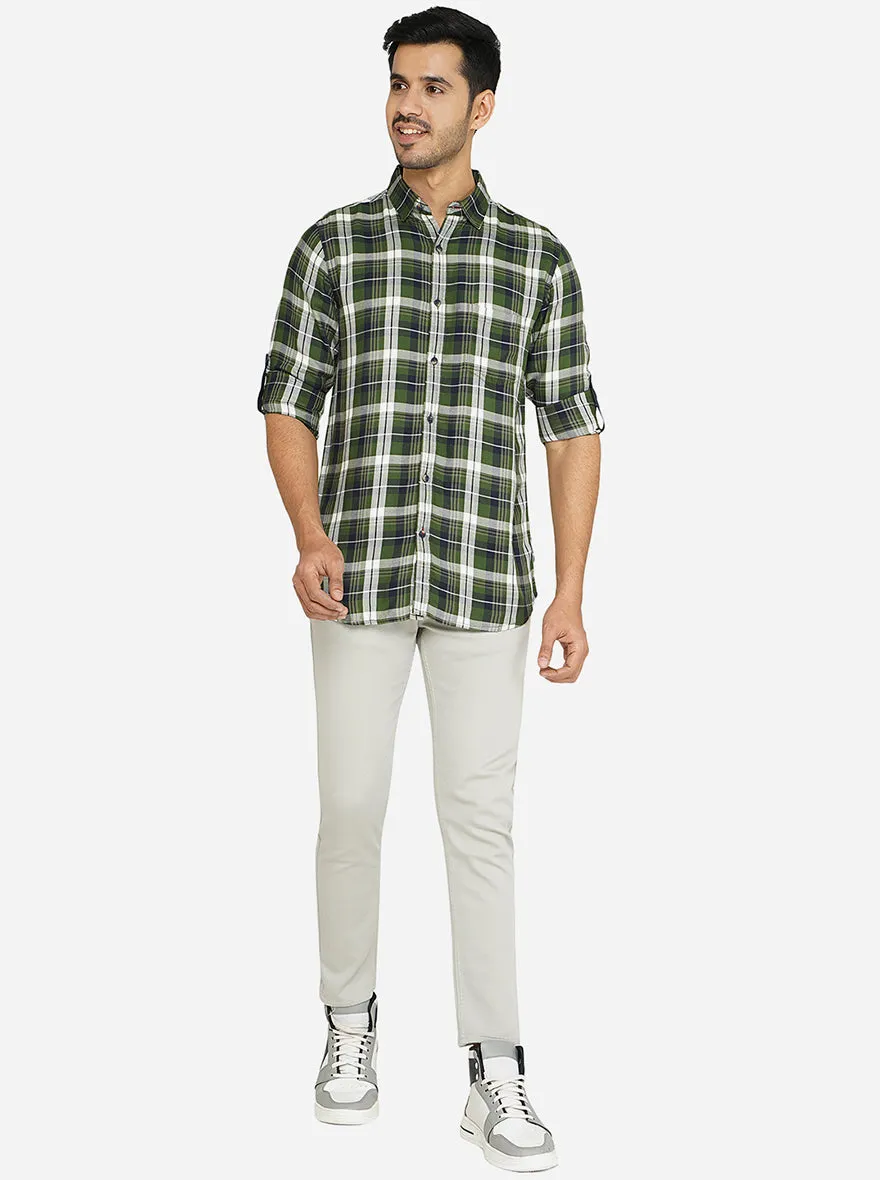 Green Checked Slim Fit Semi Casual Shirt | JadeBlue