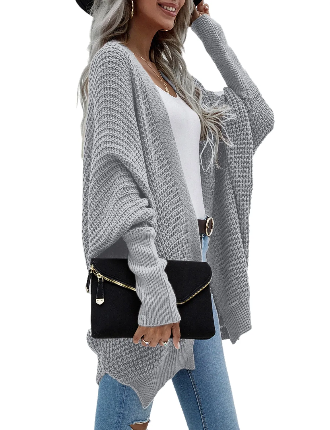 iB-iP Women's Oversize Cardigan Sweater Loose Casual Batwing Sleeves Fashion Top