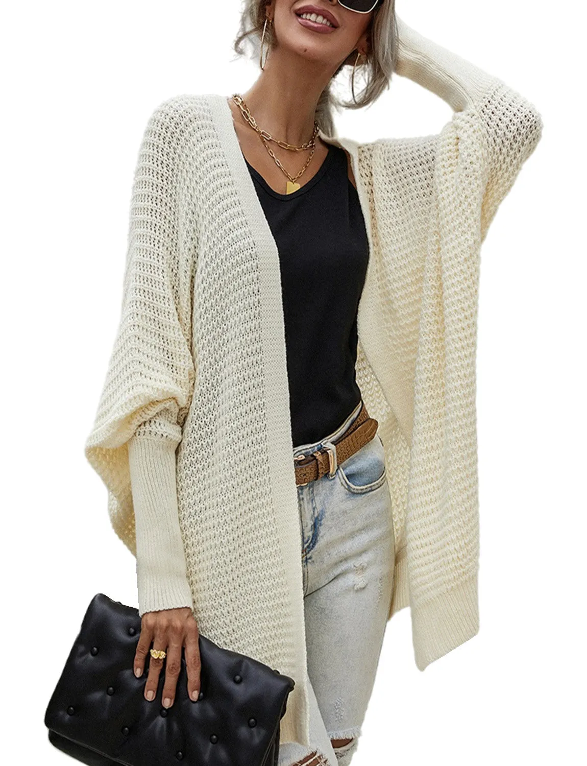 iB-iP Women's Oversize Cardigan Sweater Loose Casual Batwing Sleeves Fashion Top