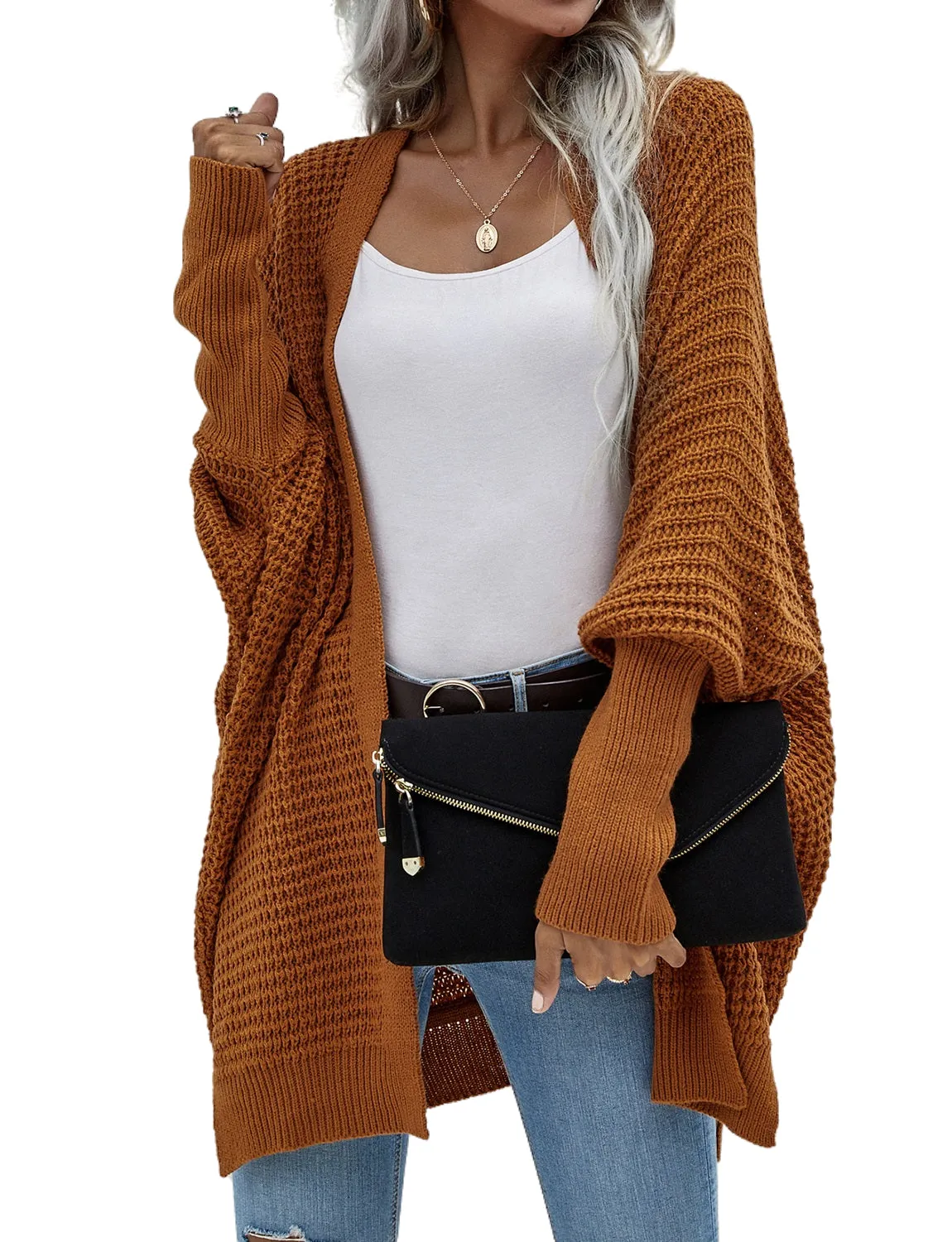 iB-iP Women's Oversize Cardigan Sweater Loose Casual Batwing Sleeves Fashion Top