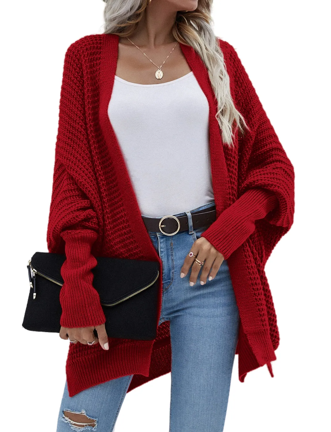 iB-iP Women's Oversize Cardigan Sweater Loose Casual Batwing Sleeves Fashion Top