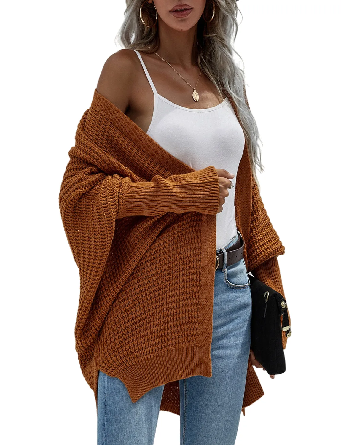 iB-iP Women's Oversize Cardigan Sweater Loose Casual Batwing Sleeves Fashion Top