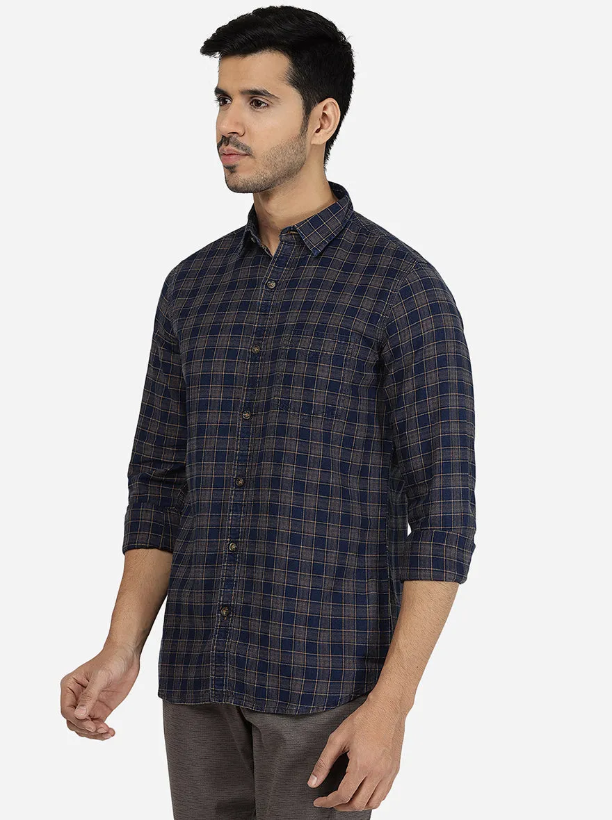 Indigo Blue & Yellow Checked Slim Fit Semi Casual Shirt | JadeBlue