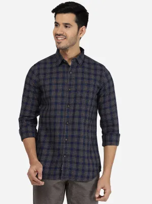 Indigo Blue & Yellow Checked Slim Fit Semi Casual Shirt | JadeBlue