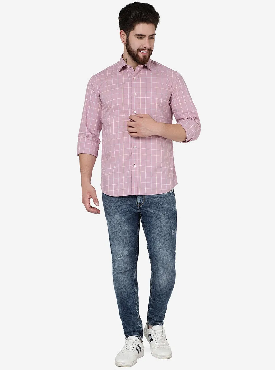 Mauve Pink Checked Slim Fit Semi Casual Shirt | JadeBlue