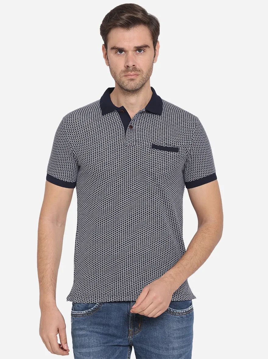 Navy Blue Printed Slim Fit Polo T-shirt | Greenfibre