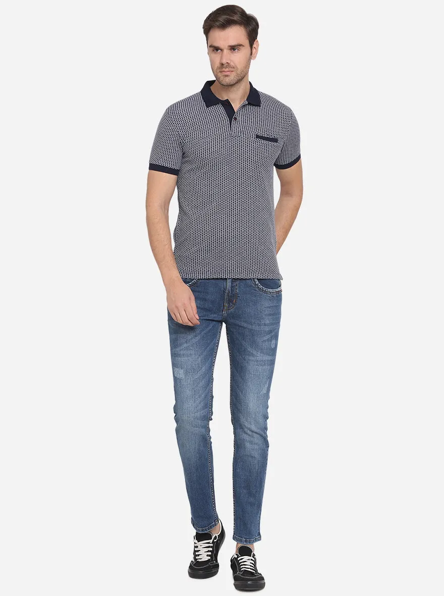 Navy Blue Printed Slim Fit Polo T-shirt | Greenfibre