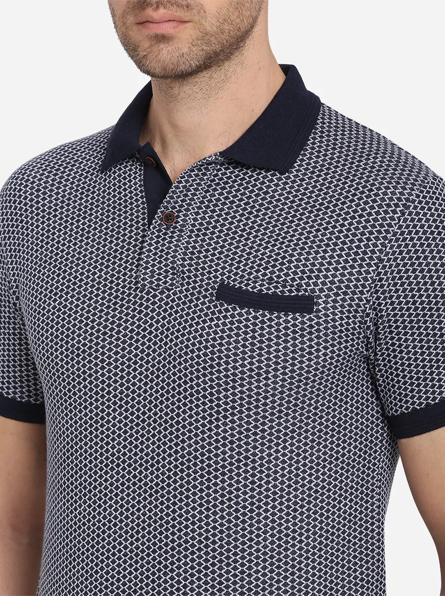 Navy Blue Printed Slim Fit Polo T-shirt | Greenfibre