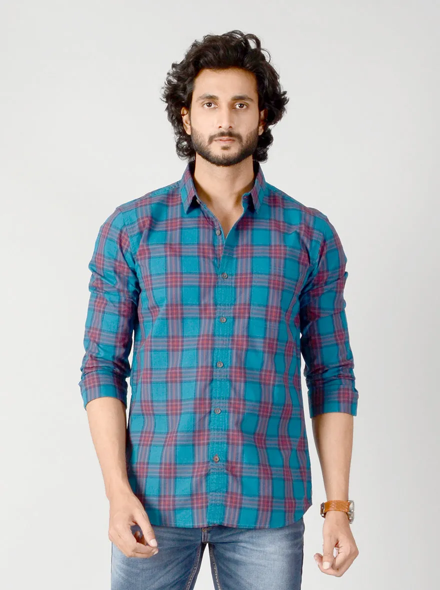 Ocean Blue & Red Checked Slim Fit Casual Shirt | JadeBlue