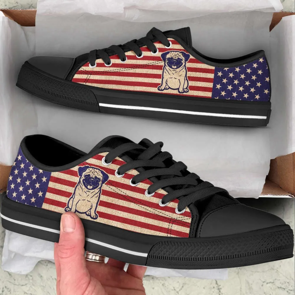 Pug Dog Usa Flag Low Top Shoes Canvas Sneakers Casual Shoes, Dog Printed Shoes, Canvas Shoes For Men, Women