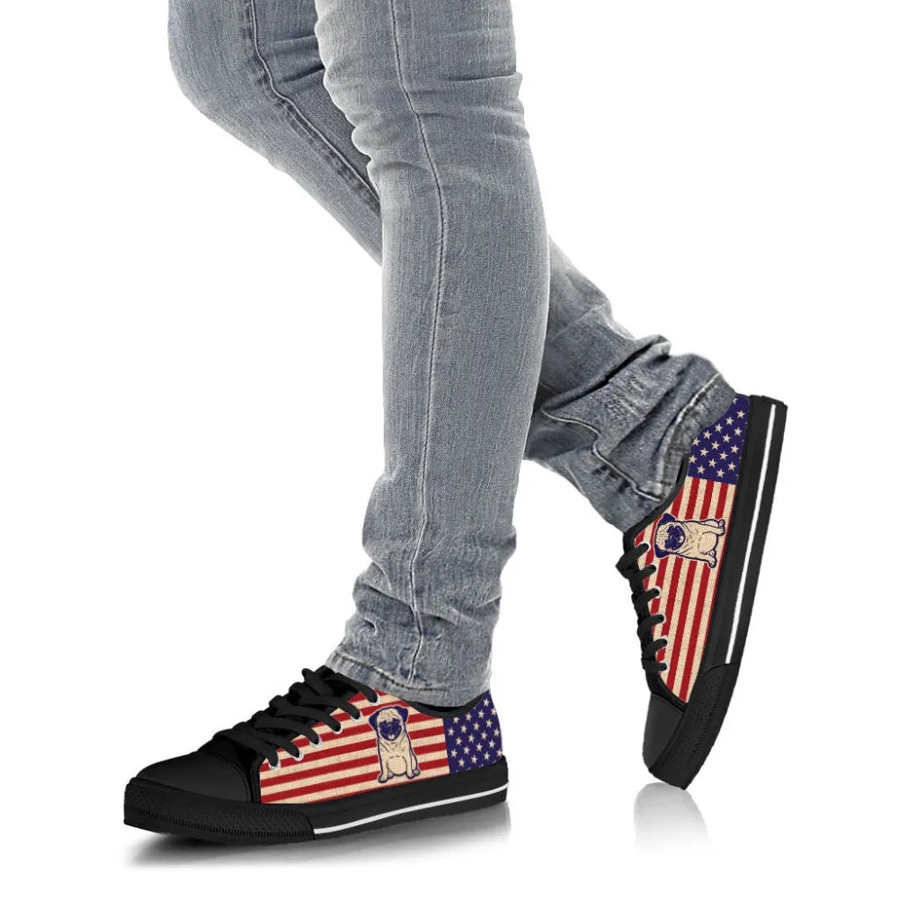 Pug Dog Usa Flag Low Top Shoes Canvas Sneakers Casual Shoes, Dog Printed Shoes, Canvas Shoes For Men, Women