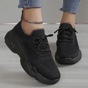 Toleet Black Breathable Thick Sole Sneakers Women Casual Non-Slip Lace Up Sports Shoes Woman Mix Color Knitted Platform Vulcanize Shoes